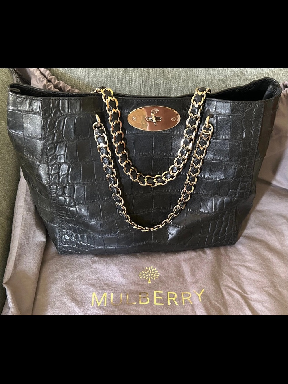 Mulberry Black Croc-Embossed Leather Shoulder Tote with Gold Chain Straps